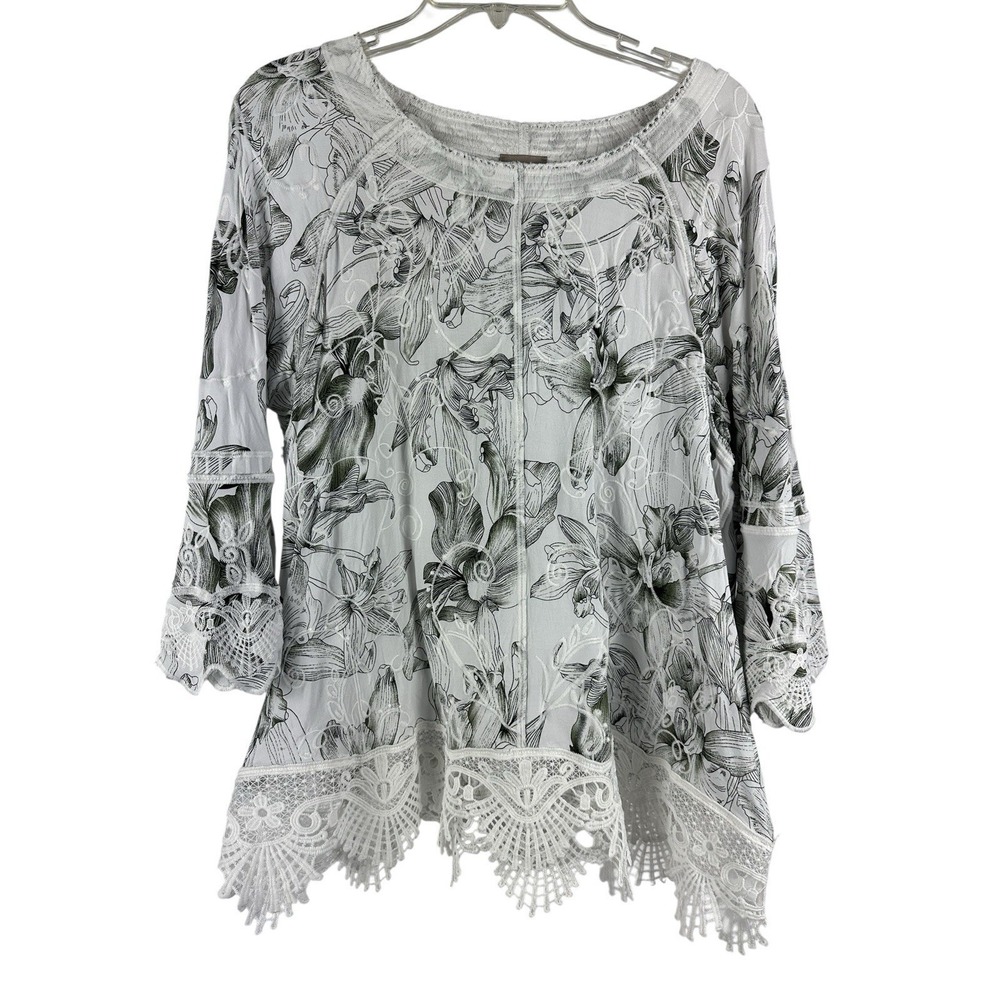 Chico's 3 Top Blouse Lace Crochet Embroidered Short Sleeve Cover Up Sz 3 XL